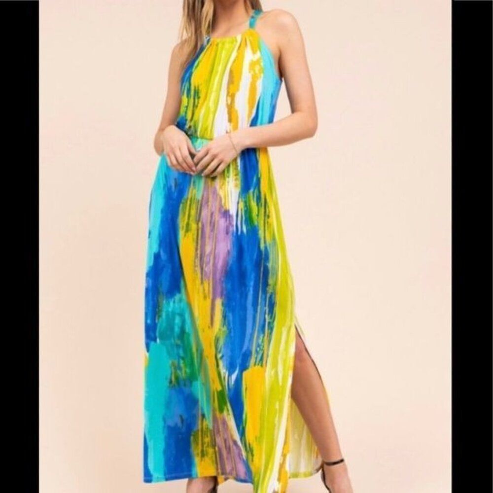 G.I.L.I. Women Multi Color Halter Maxi Dress With Side Slit Size L NWT